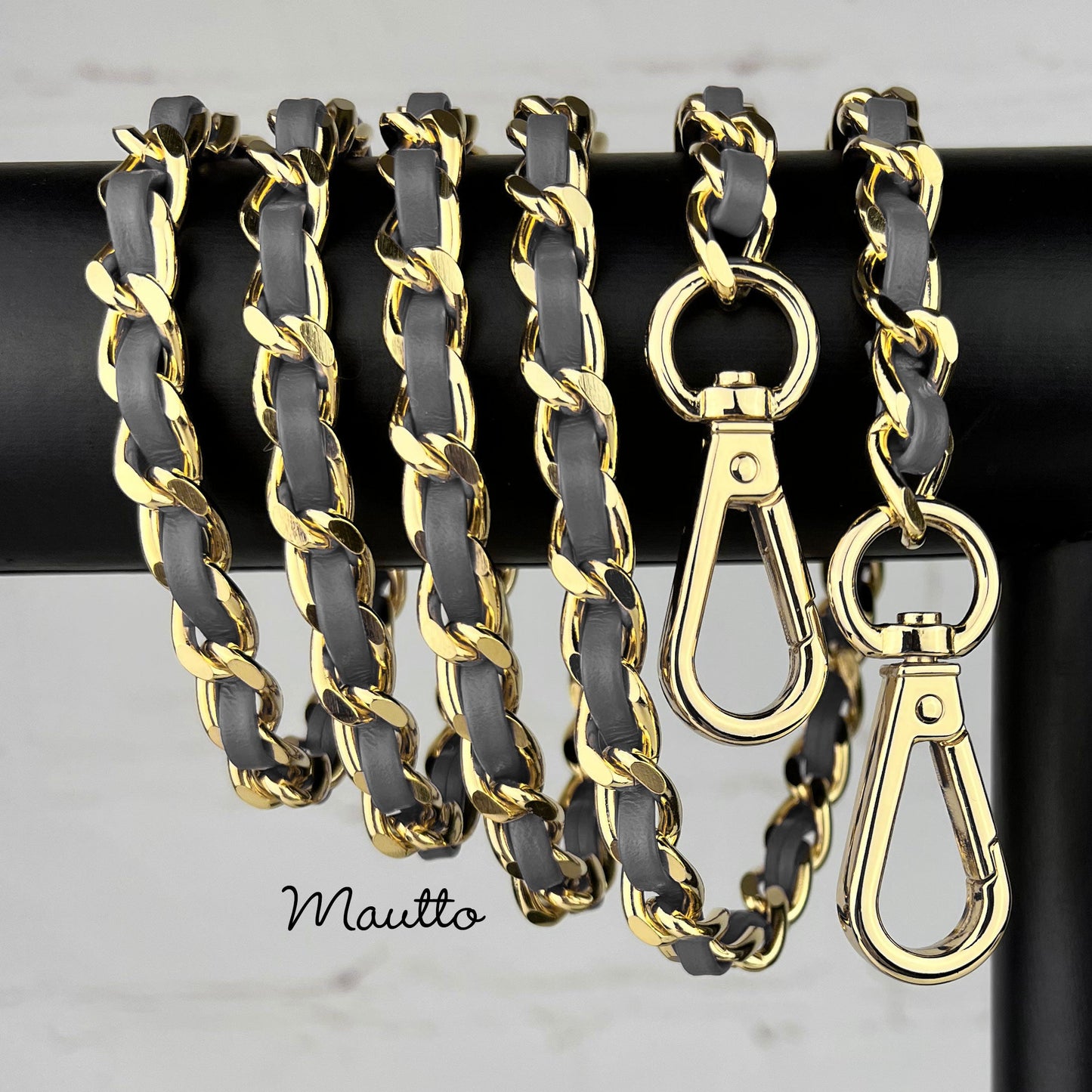 Classic Curb Chain with Diamond Cut Accents, Gold-tone Finish, Leather Woven Through - 3/8 inch (9mm) Wide Luxury Strap - Black, Gray & Brown Colors
