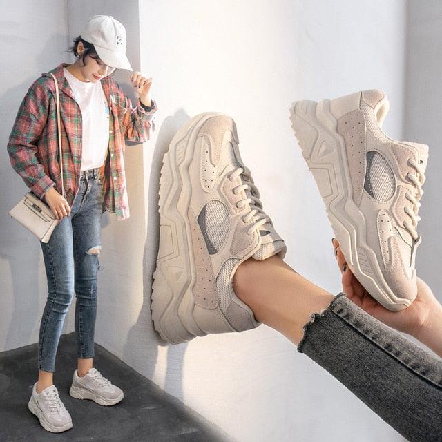 Luxury Sneakers Women Thick Bottom Round Toe Breathing Chunky Platform Sneakers