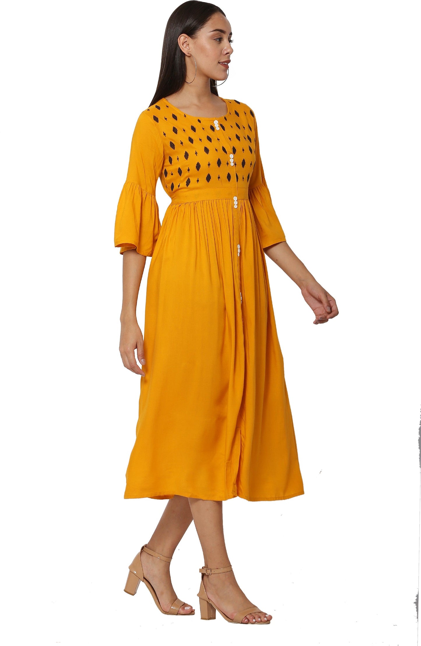 PAVONINE Mustard Color Embroidery Work With Button Dress For Women
