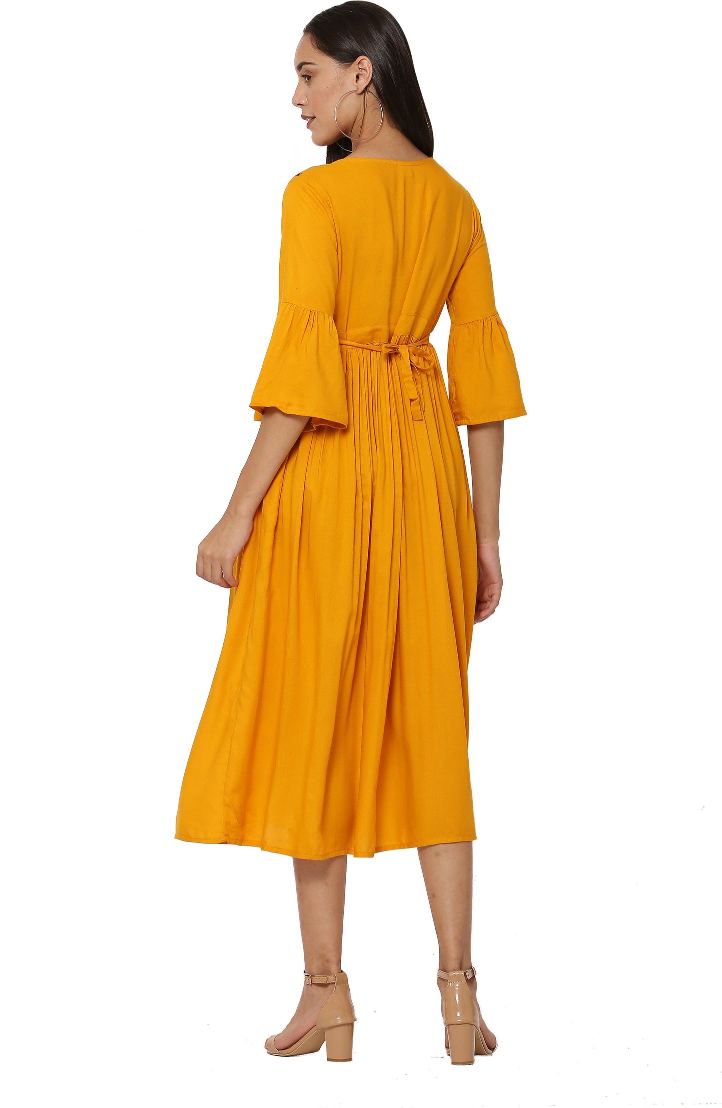 PAVONINE Mustard Color Embroidery Work With Button Dress For Women