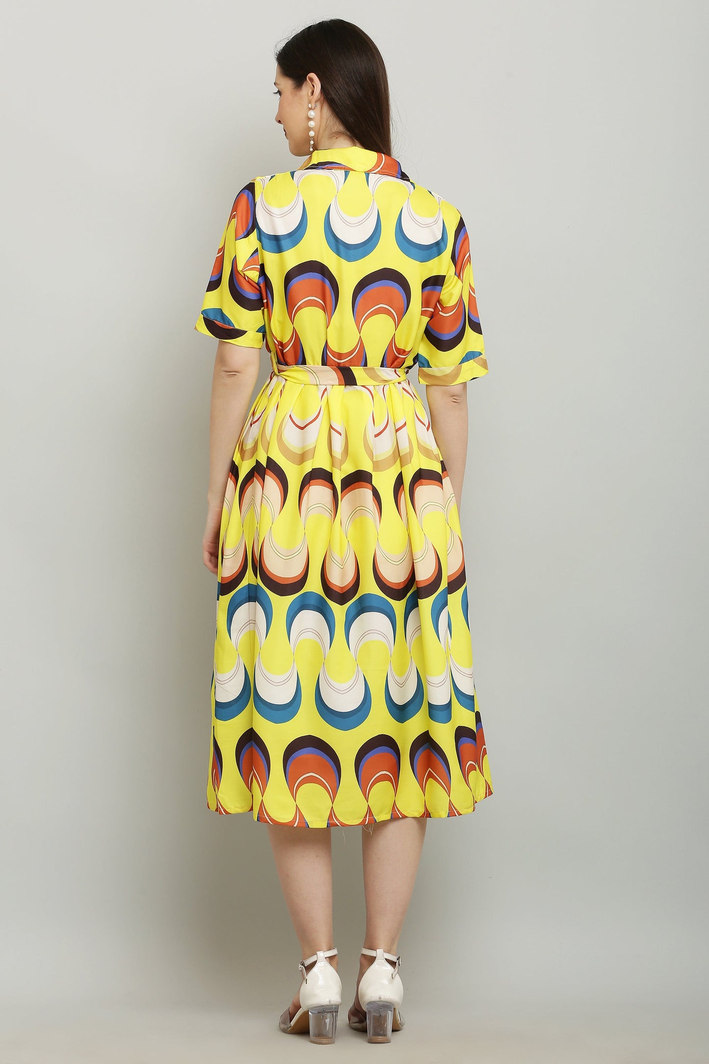 PAVONINE Zig-Zag Multi-Colors Printed Crepe Fabric Yellow Dress For Women