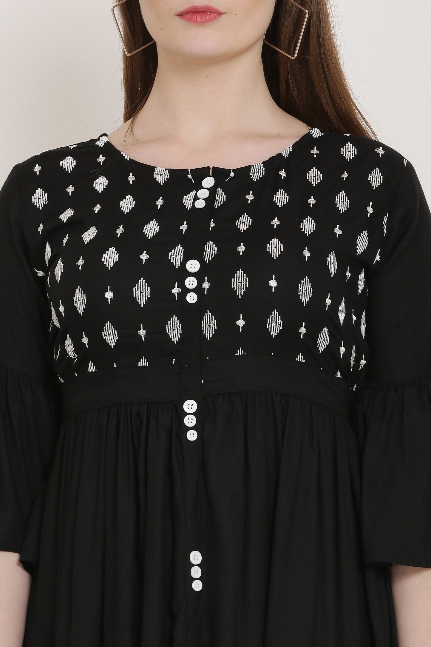 PAVONINE Black Color Embroidery Work With Button Dress For Women