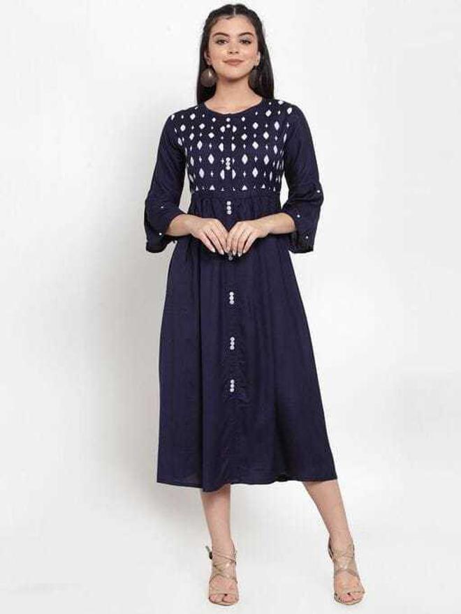 PAVONINE Navy Blue Color Embroidery Work With Button Dress For Women