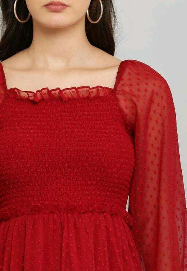 PAVONINE Buta-Design With Square-Neck Maroon Dress For Girls & Women