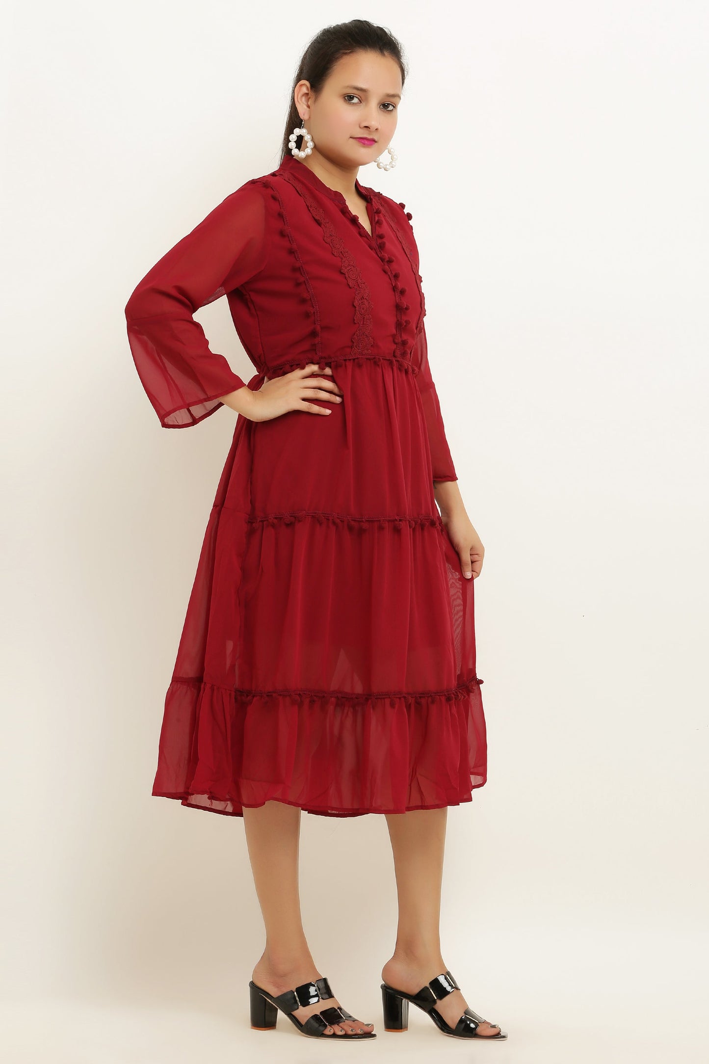 PAVONINE Pum Pum & Lace Inserted Maroon Color Dress For Girls & Women