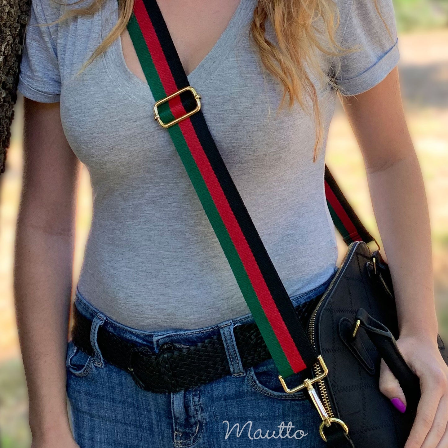 Green, Red & Black Stripe Strap - 1.5" Wide Nylon - Adjustable Shoulder to Crossbody Length - Choose Connector Style & Finish