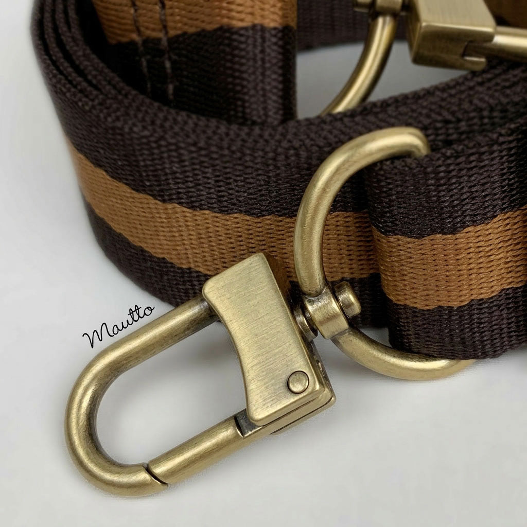 Dark Brown & Gold Honey Strap - 1.5" Wide Nylon, Soft/Comfy - Adjustable Shoulder to Crossbody Bandouliere - Choose Connector Finish