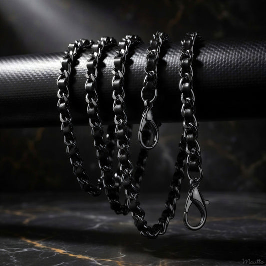 Mini Classic Curb Chain with Diamond Cut Accents, Gunmetal Finish - Black Leather Woven Through - 1/4 inch (7mm) Wide Luxury Strap