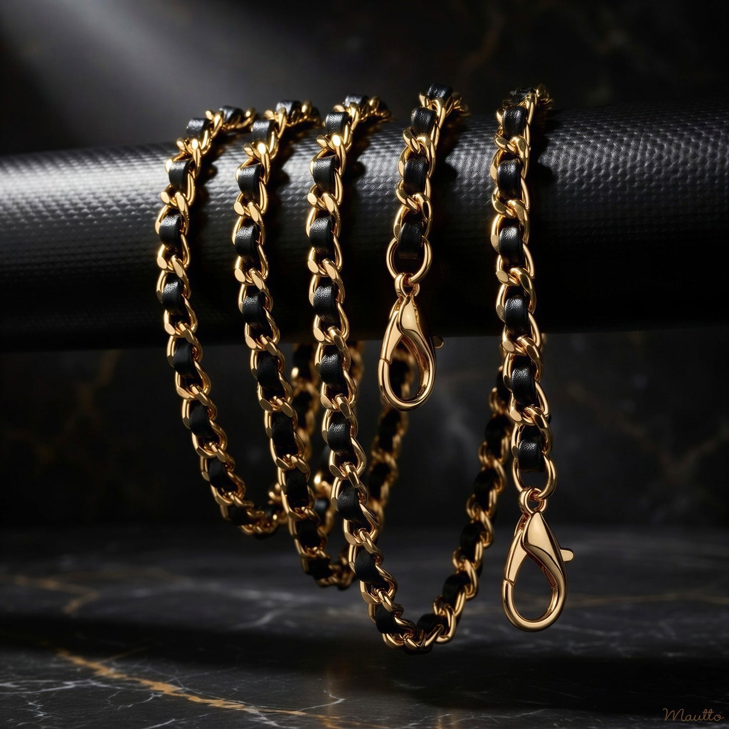 Mini Classic Curb Chain with Diamond Cut Accents, Gold-tone Finish - Black Leather Woven Through - 1/4 inch (7mm) Wide Luxury Strap