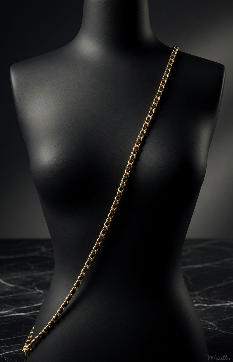 Mini Classic Curb Chain with Diamond Cut Accents, Gold-tone Finish - Black Leather Woven Through - 1/4 inch (7mm) Wide Luxury Strap