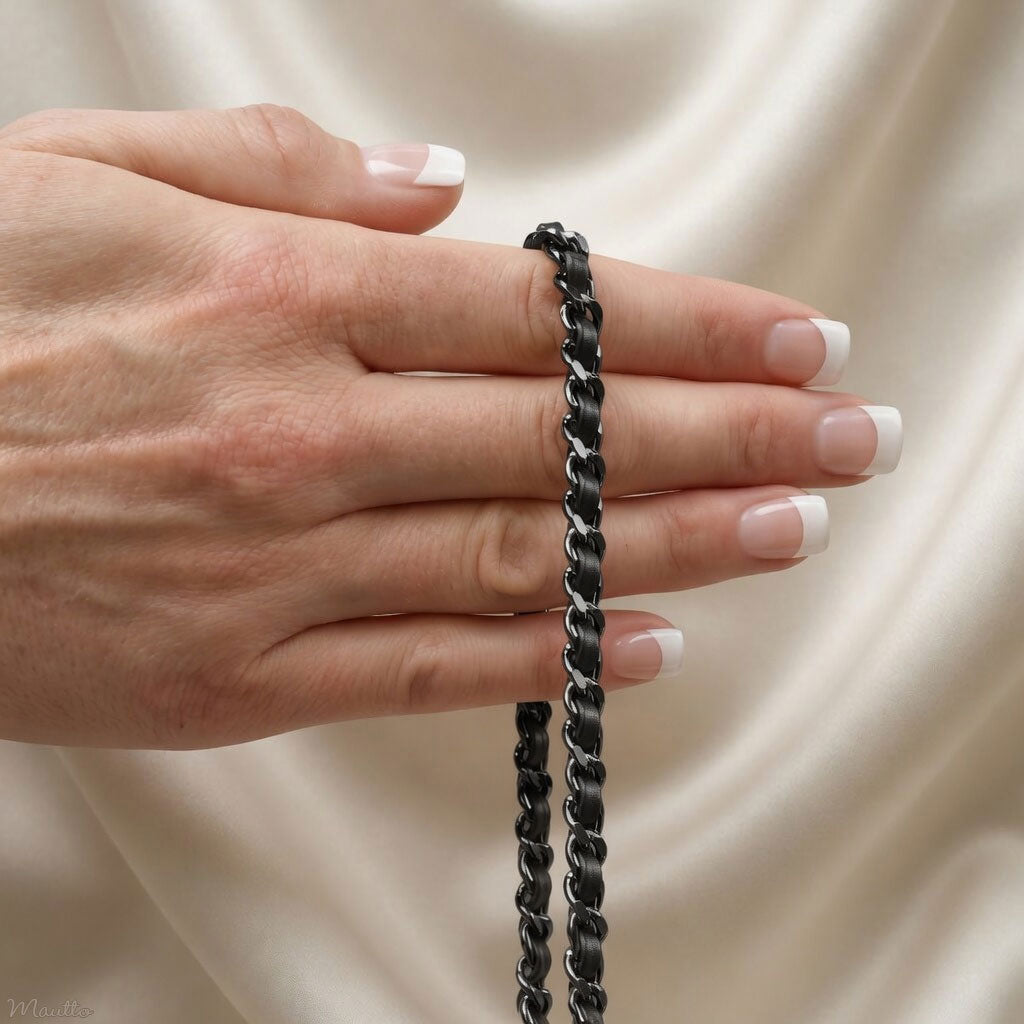 Mini Classic Curb Chain with Diamond Cut Accents, Gunmetal Finish - Black Leather Woven Through - 1/4 inch (7mm) Wide Luxury Strap