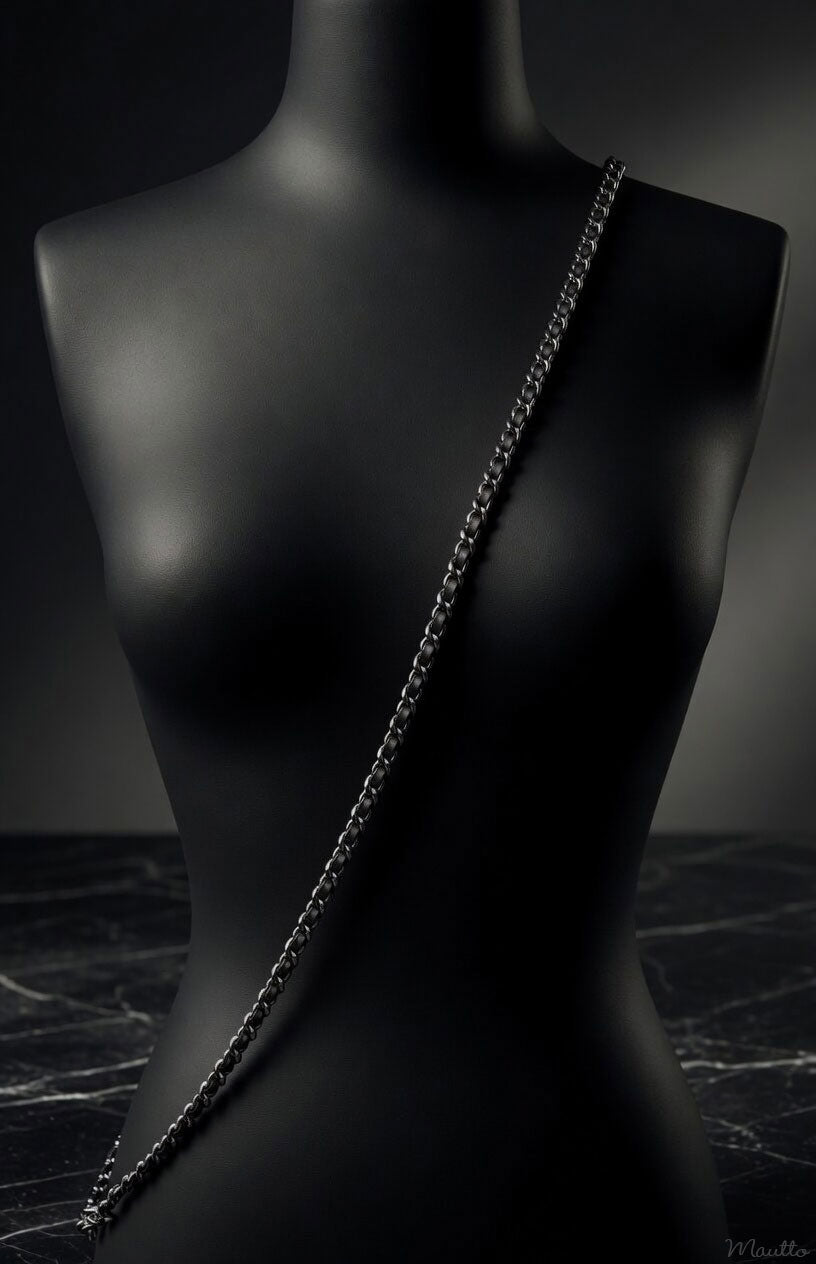 Mini Classic Curb Chain with Diamond Cut Accents, Gunmetal Finish - Black Leather Woven Through - 1/4 inch (7mm) Wide Luxury Strap