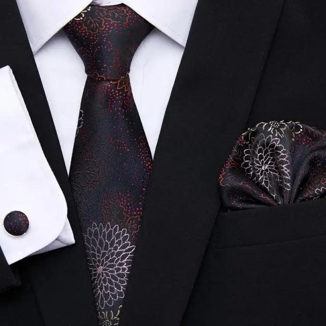 Men Elegant Red Silk Tie Classic Necktie Cufflinks Set Business Necktie With Handkerchief Perfect Match With Wedding Suit