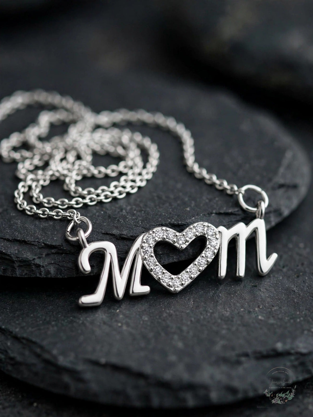 Macys Silver Plated Cubic Zirconia Pave Mom Heart Necklace