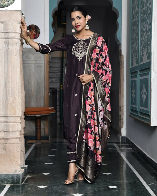 Vaasva Women's Silk Emboidered Solid Pant Set & Digital Printed Dupatta