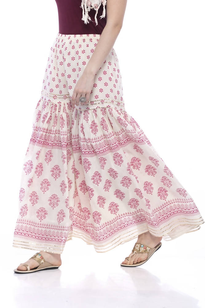 Mominos Fashion Cotton Block Print With Lace Work Off White Maroon Color Prints Palazzo