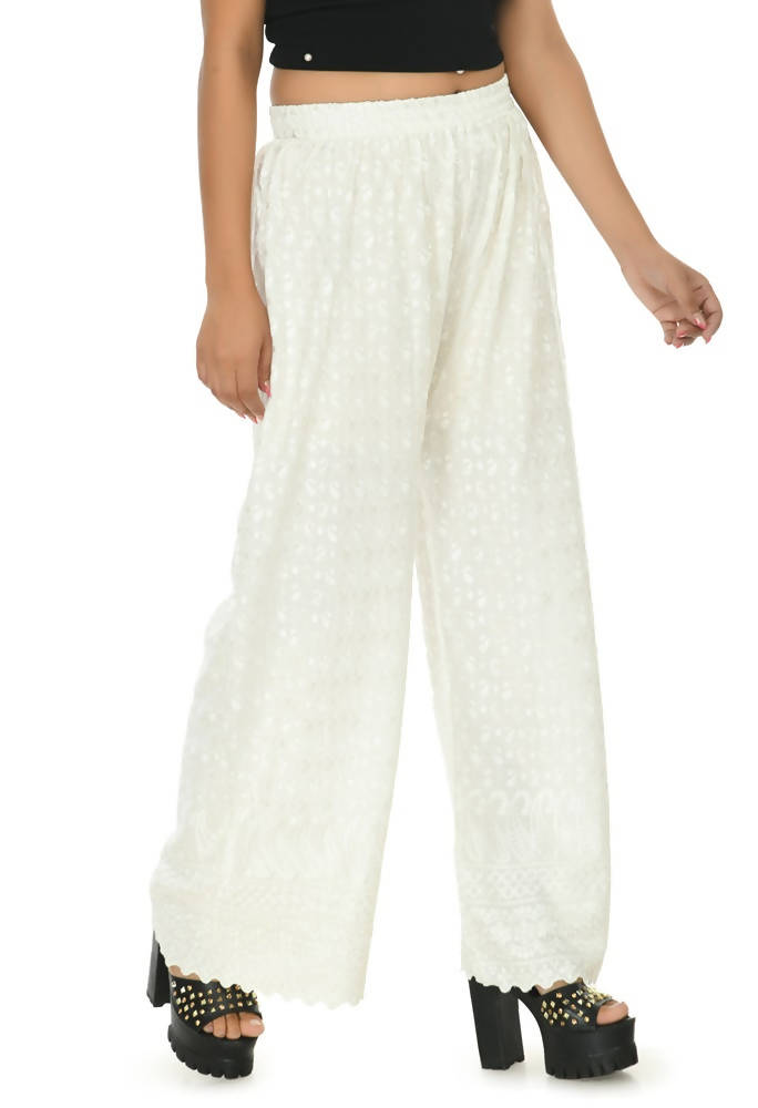Mominos Fashion Moeza Reyon Cotton Off White Color Chikan Work Palazzo