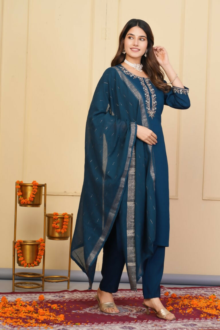 Blue Viscose Chanderi Embroidered Stitched Suit With Dupatta - Tanisha