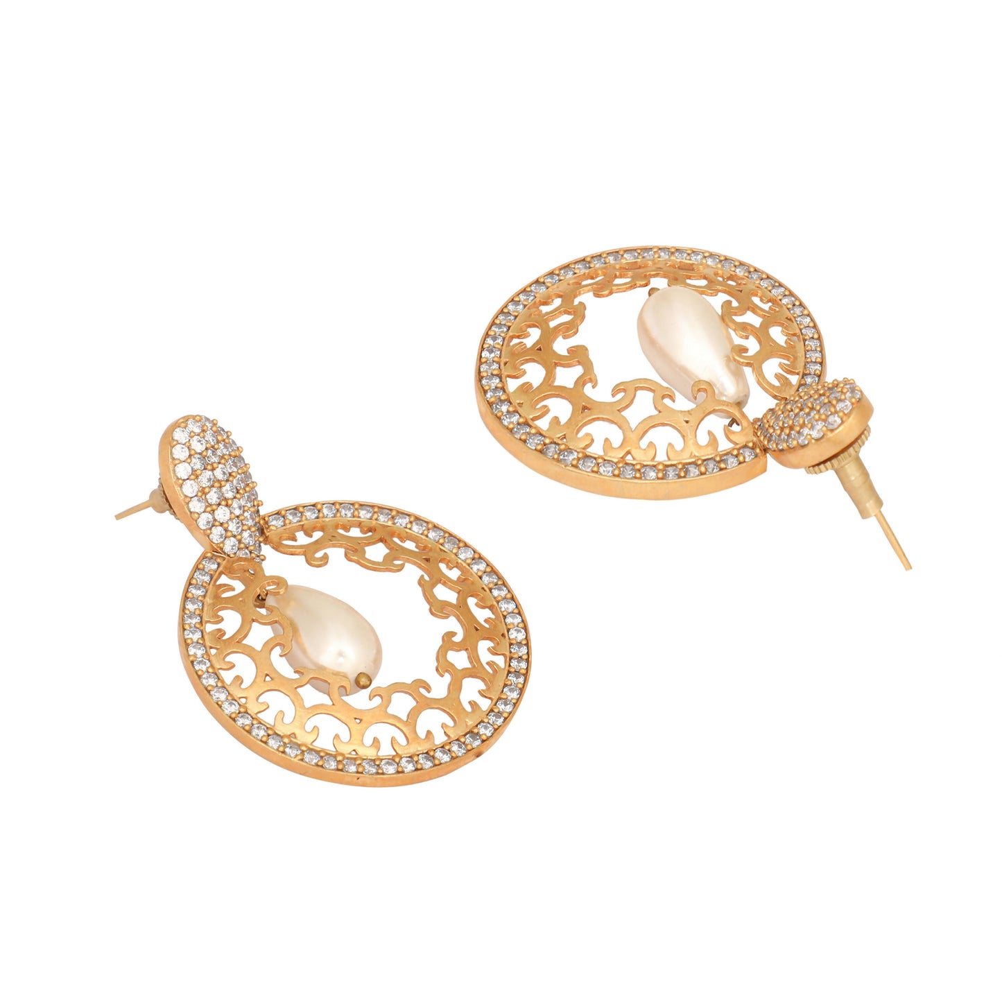 Nuyug 22K Gold Plated Cubic Zirconia Studded Contemporary Moon Shaped Pearl Drop Chandbalis