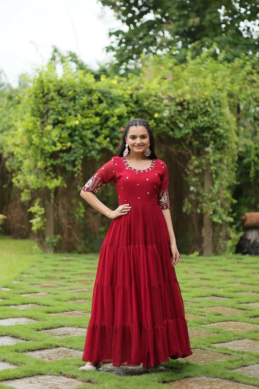 Vastranavya Premium Designer Faux Blooming with Embroidery Zari Sequins work Gown - Red