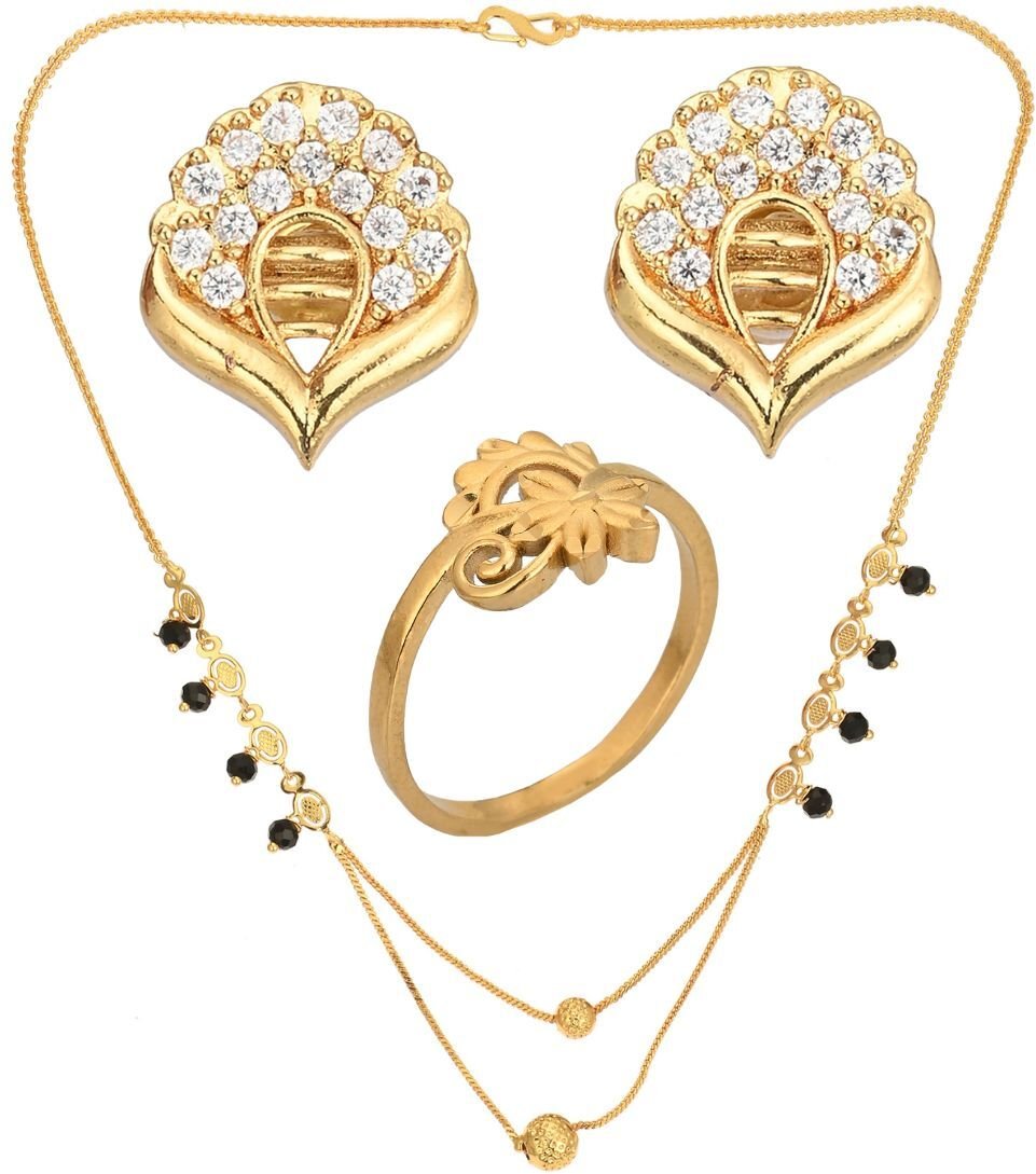 AanyaCentric Gold-Polished Jewelry Combo: Elegant Short Mangalsutra, Finger Ring, and American Diamond Earrings Set