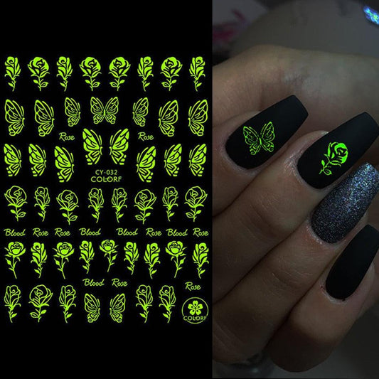 Nail Stickers Back Glue Fluorescent Light Flame Butterfly Moon Love Pattern Designs Nail Decal Decoration Tips For Beauty Salons Glow in Dark Nail Stickers Self-Adhesive Nail Art Decals Butterfly Flower Star Heart Nail Strips Glow Dark Nail Art Manicure