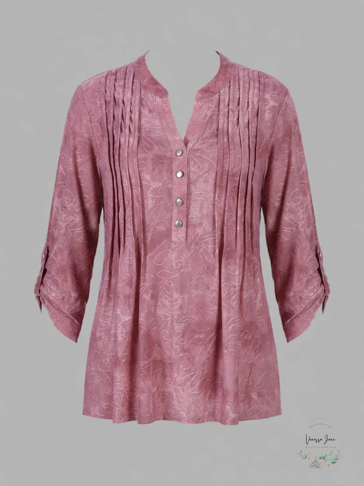 NY Collection Womens 3/4 Roll Tab Sleeve Y-neck Top