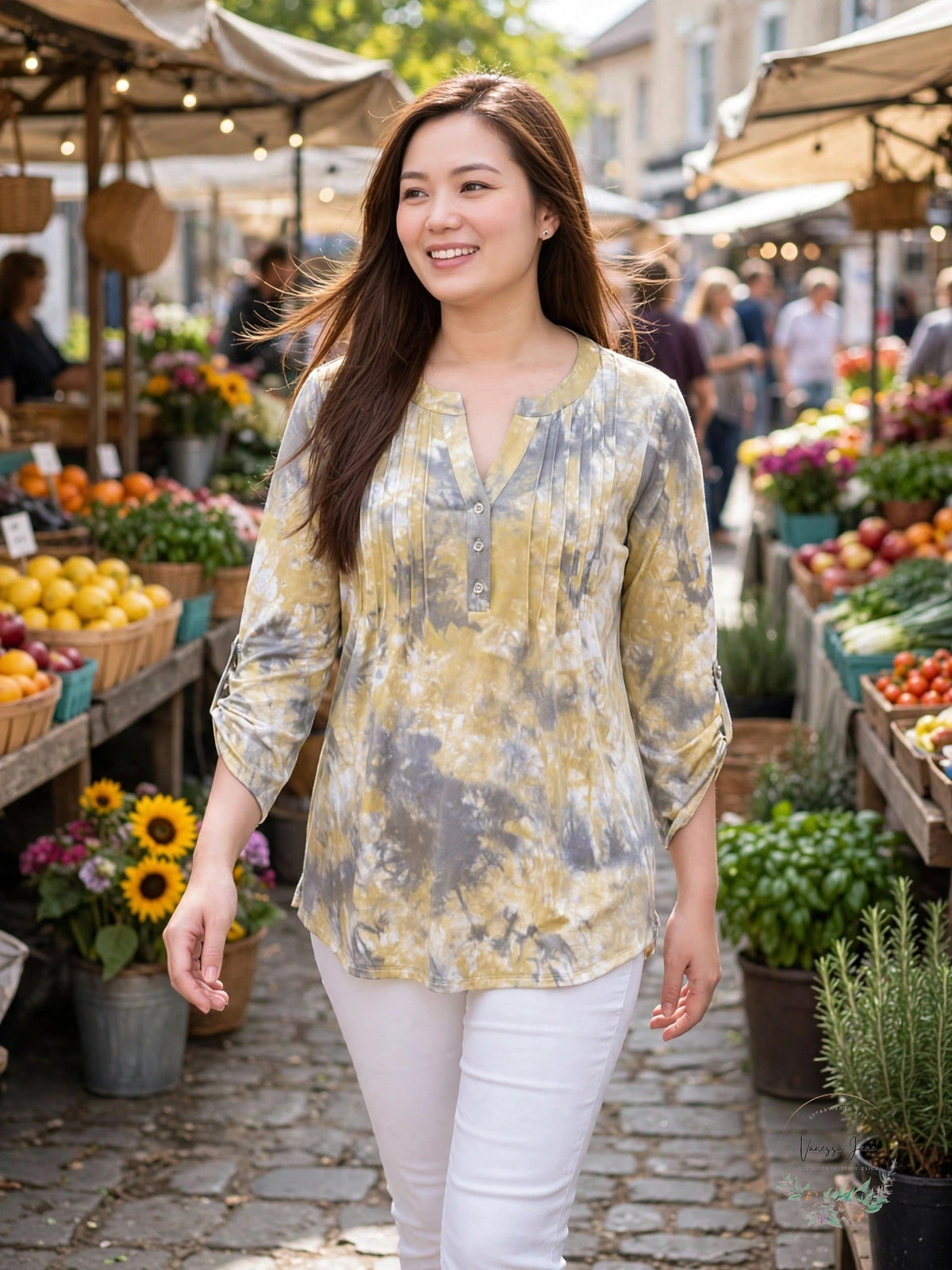 NY Collection Womens 3/4 Roll Tab Sleeve Y-neck Top