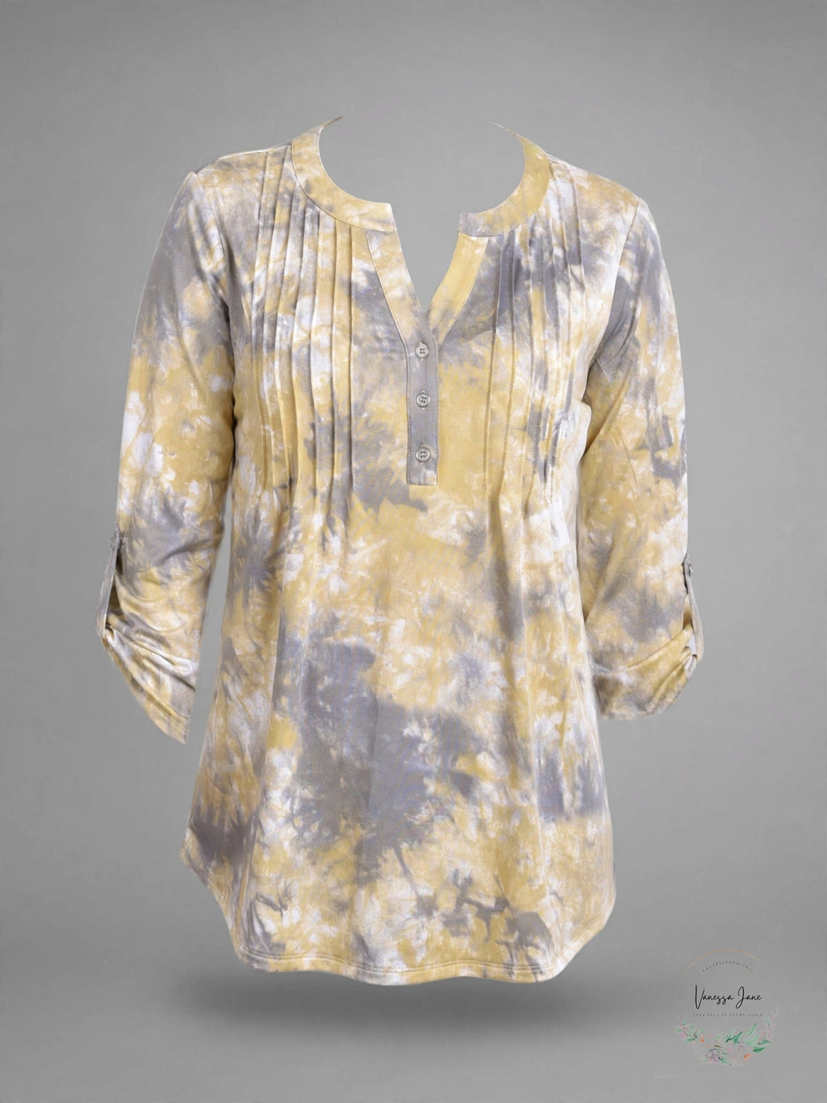 NY Collection Womens 3/4 Roll Tab Sleeve Y-neck Top
