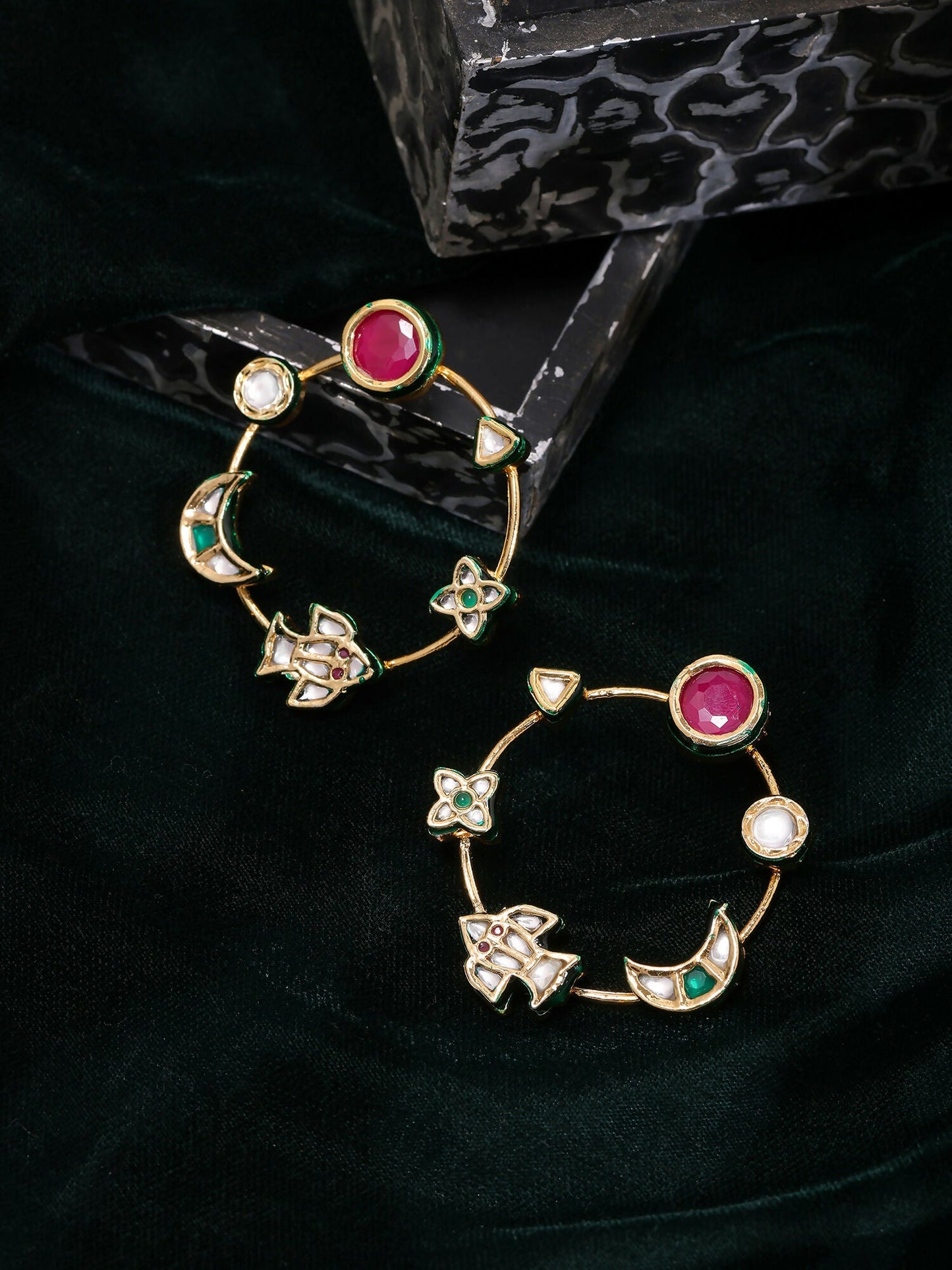 Ruby Raang Gold Polished Kundan Work Multi-Color Round Kundan Earrings
