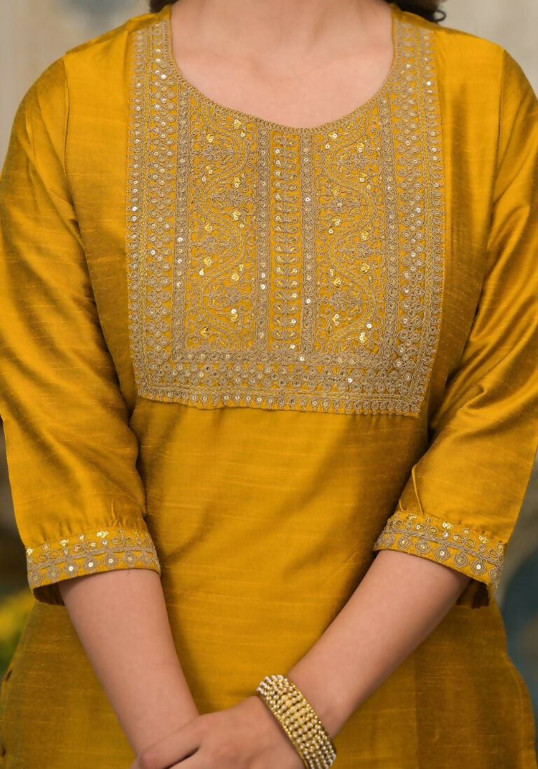 Partywear Designer Musted Yellow Poly Silk fabric Stitched Suit With Dupatta - Tanisha