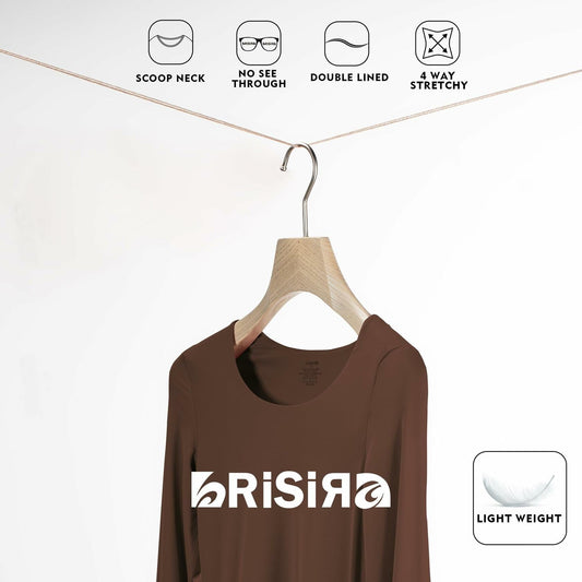 BRISIRA Women's Brown Long Sleeve Scoop Neck Crop Top Slim Fit Size S