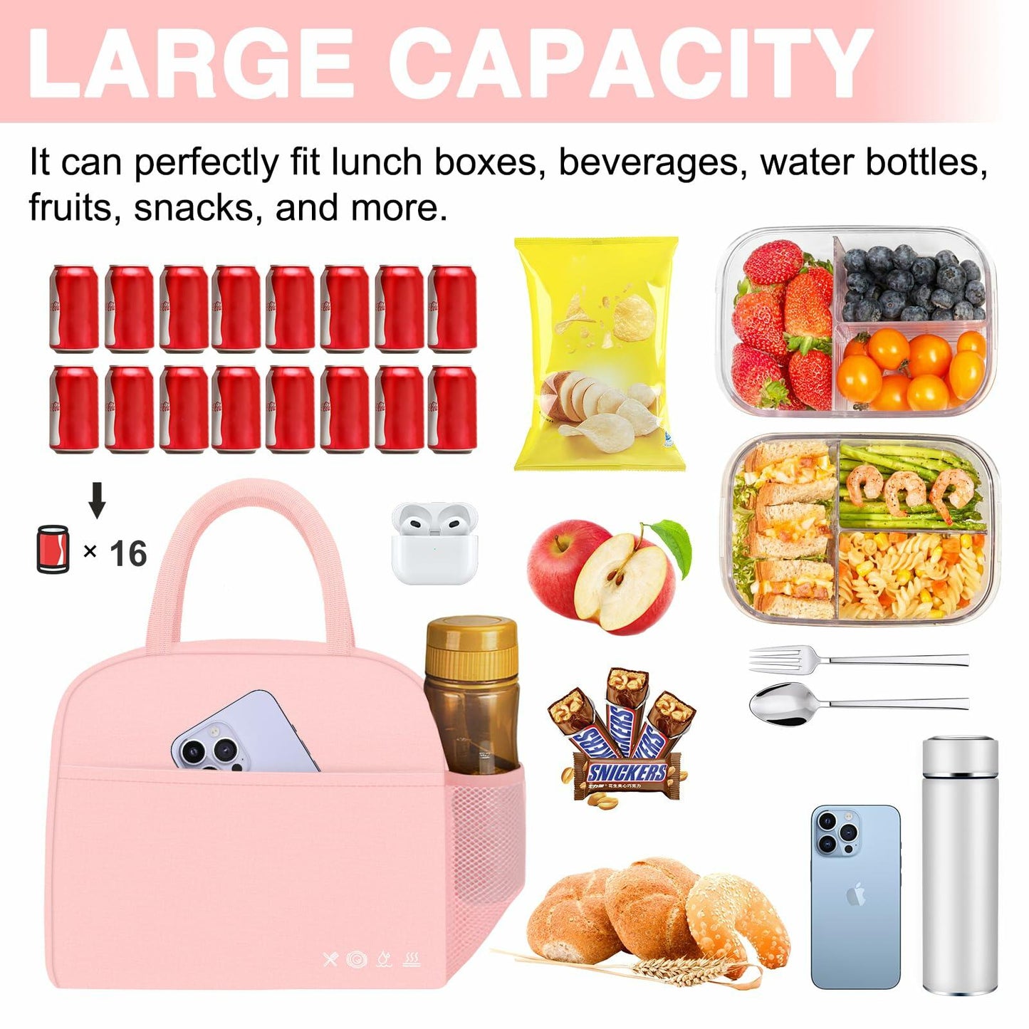 KUBYA Insulated Lunch Bag Pink Reusable Tote for Women Men Office Travel Picnic