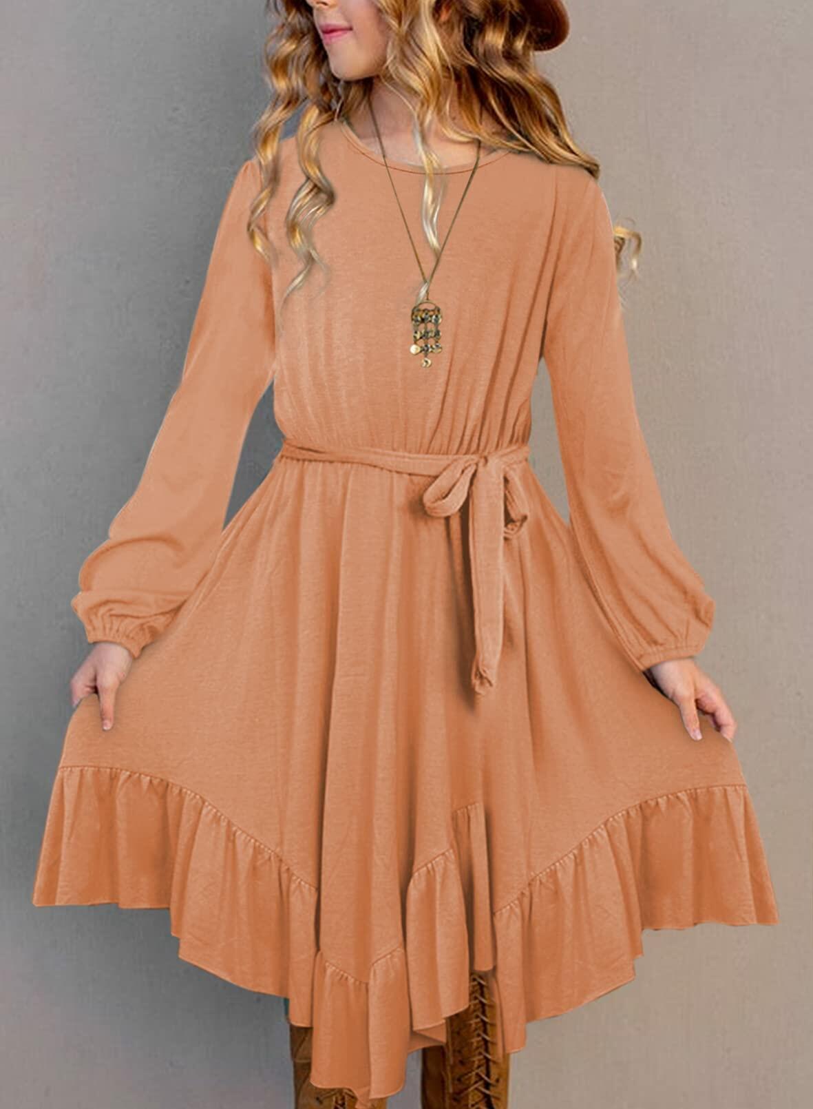 blibean Girl Boho Maxi Dress Long Sleeve A-Line Orange Size 8-9 Years
