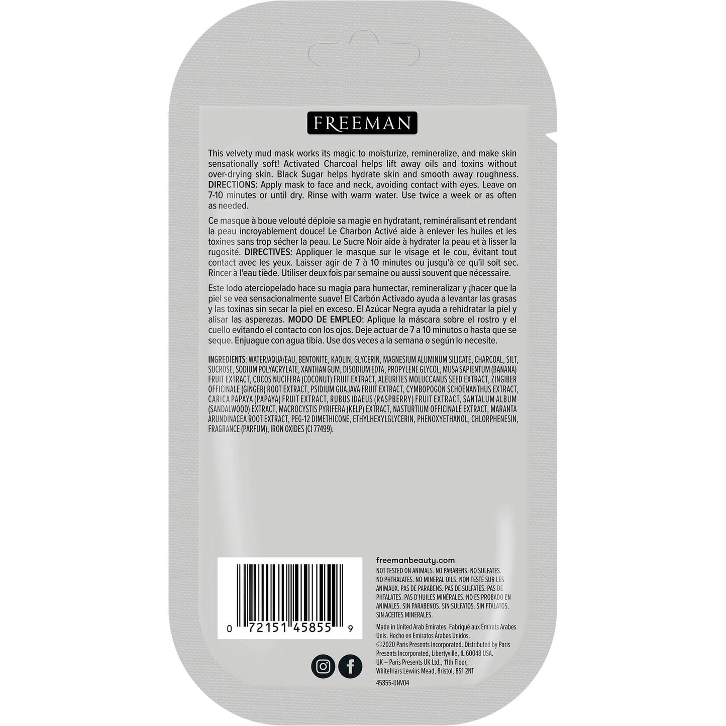 FREEMAN Charcoal & Black Sugar Mud Mask Detoxifying Facial Treatment 0.5oz