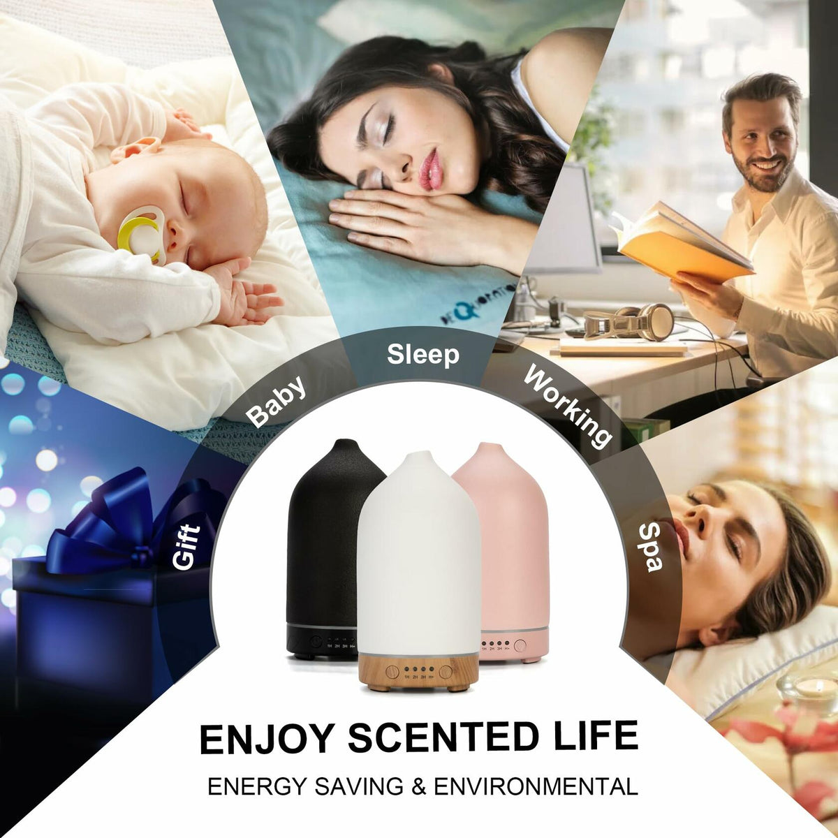 Ceramic Ultrasonic Oil Diffuser Wood Grain Black 100ML USB Adapter 7-Color LED