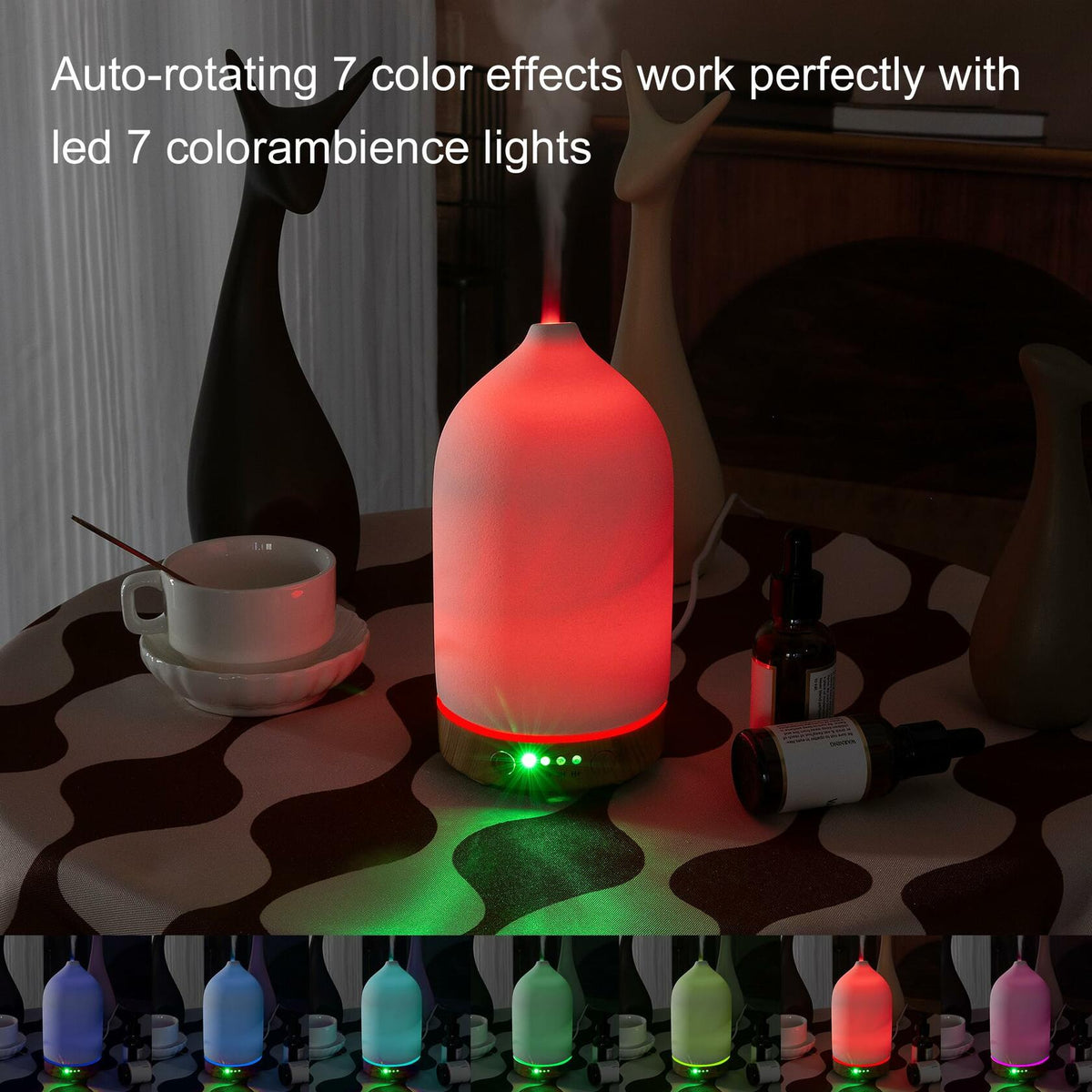 Ceramic Ultrasonic Oil Diffuser Wood Grain Black 100ML USB Adapter 7-Color LED