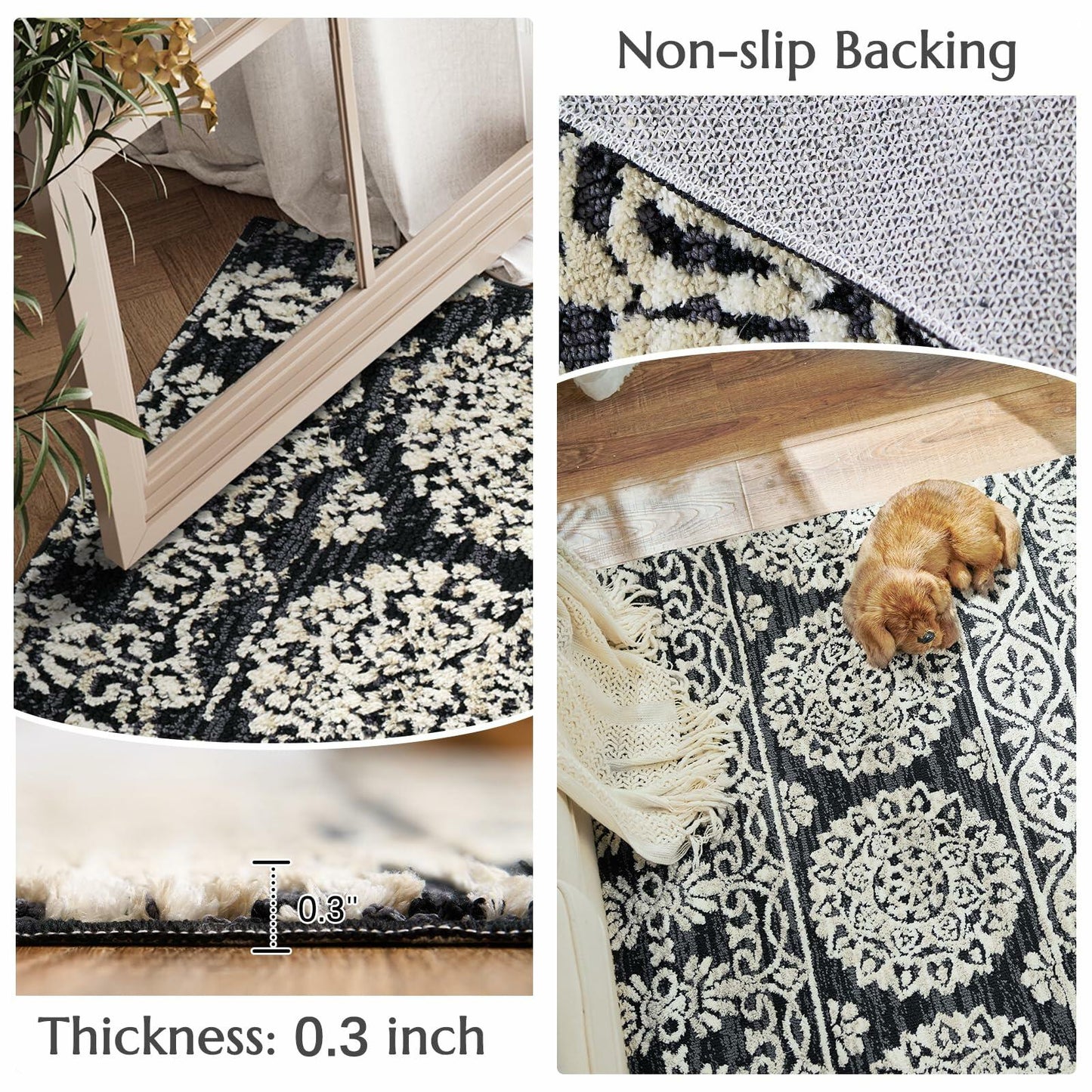 jinchan Boho Area Rug 4x6 Machine Loomed Vintage Floral Black White