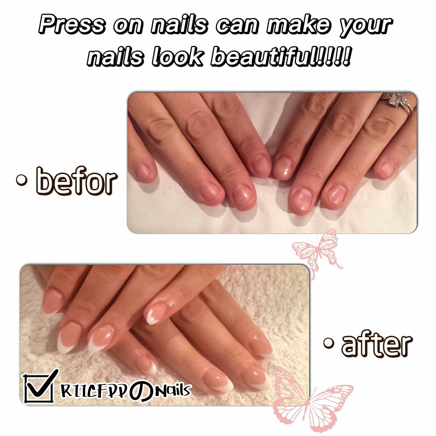 RIICFDD French Press On Nails 24 Pcs Medium Nude Pink White Tips Charms