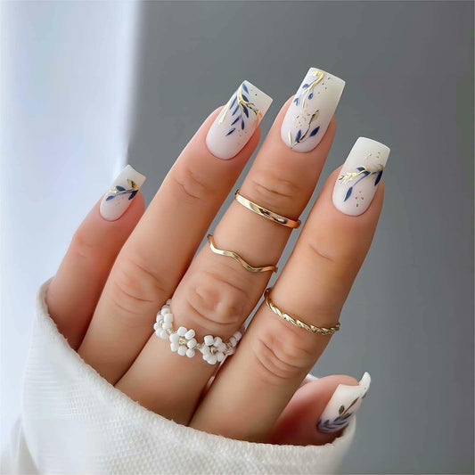 RUOKEXIN Acrylic Coffin Nails 24Pcs Red Blue Flower Gold Rhinestones Glossy