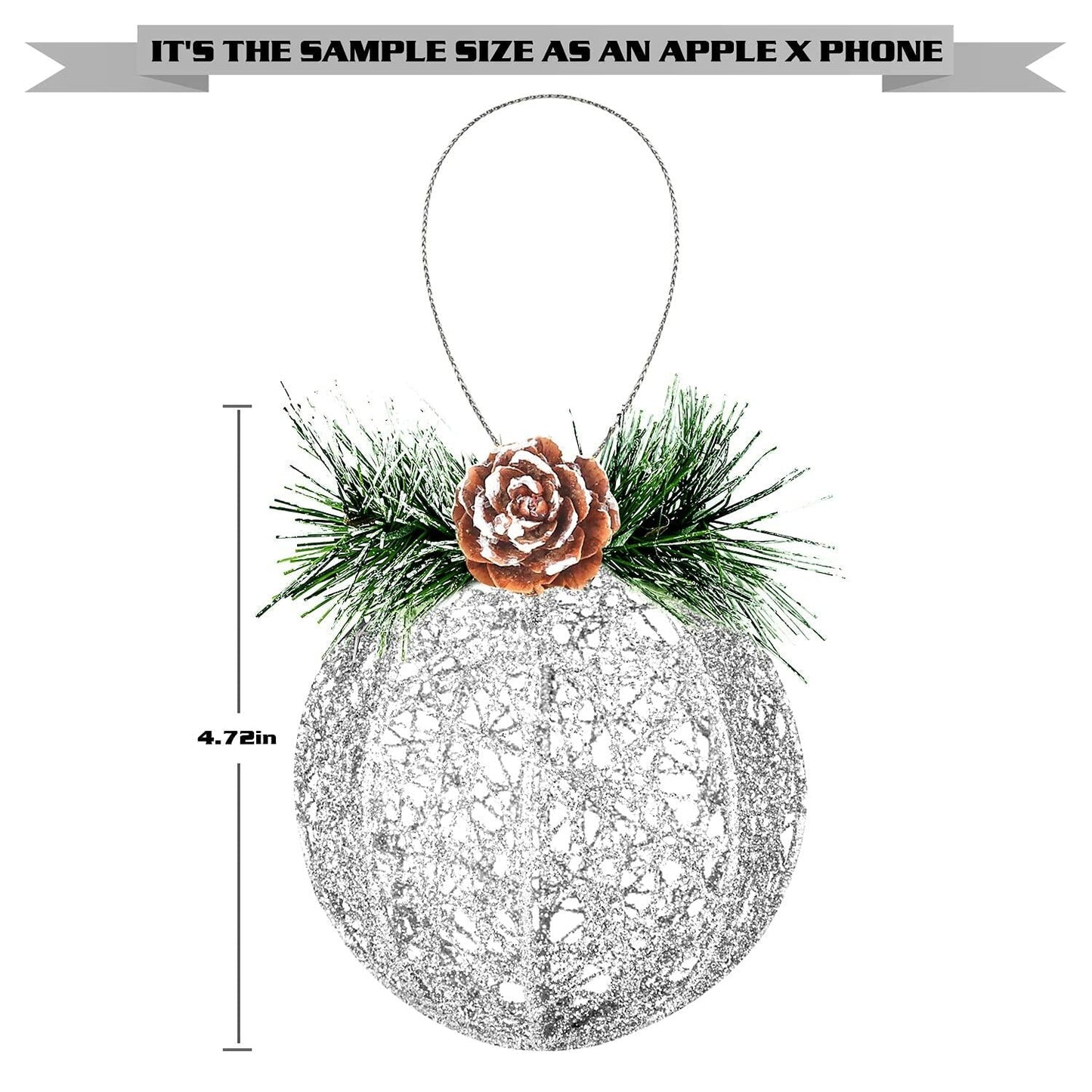 Christmas Ball Ornaments 4pc Silver Pinecone Rattan Thread String Decor