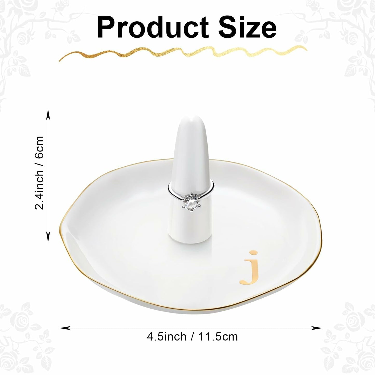 Beeveer Ceramic A-Z Initials Ring Holder Jewelry Tray 4.5x2.4'' White