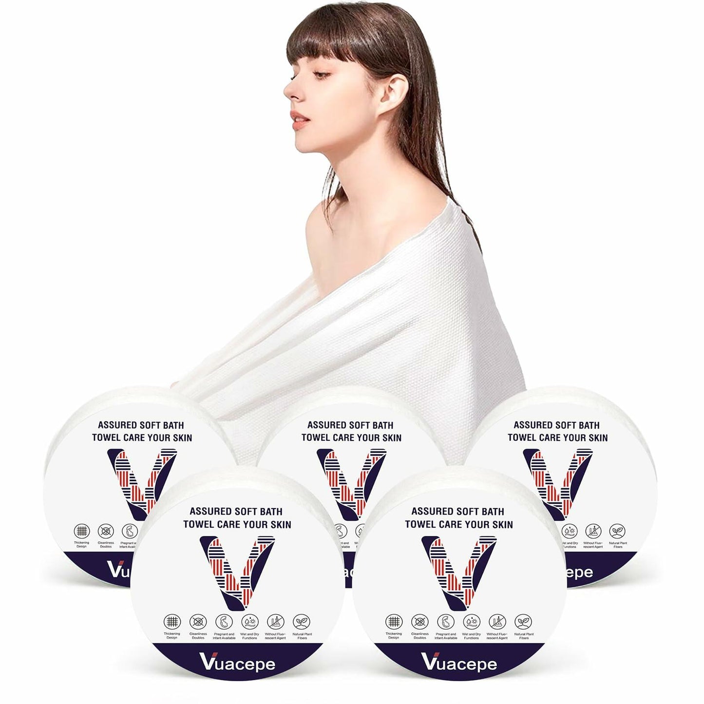 vuacepe Disposable Compressed Bath Towels Cotton Soft 27.5x55.1in 5 Pack