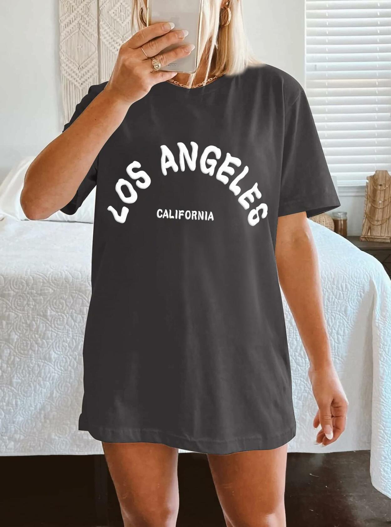CSDAJIO Vintage Oversized Graphic Tee Women LA Puff Print Grey Size XL