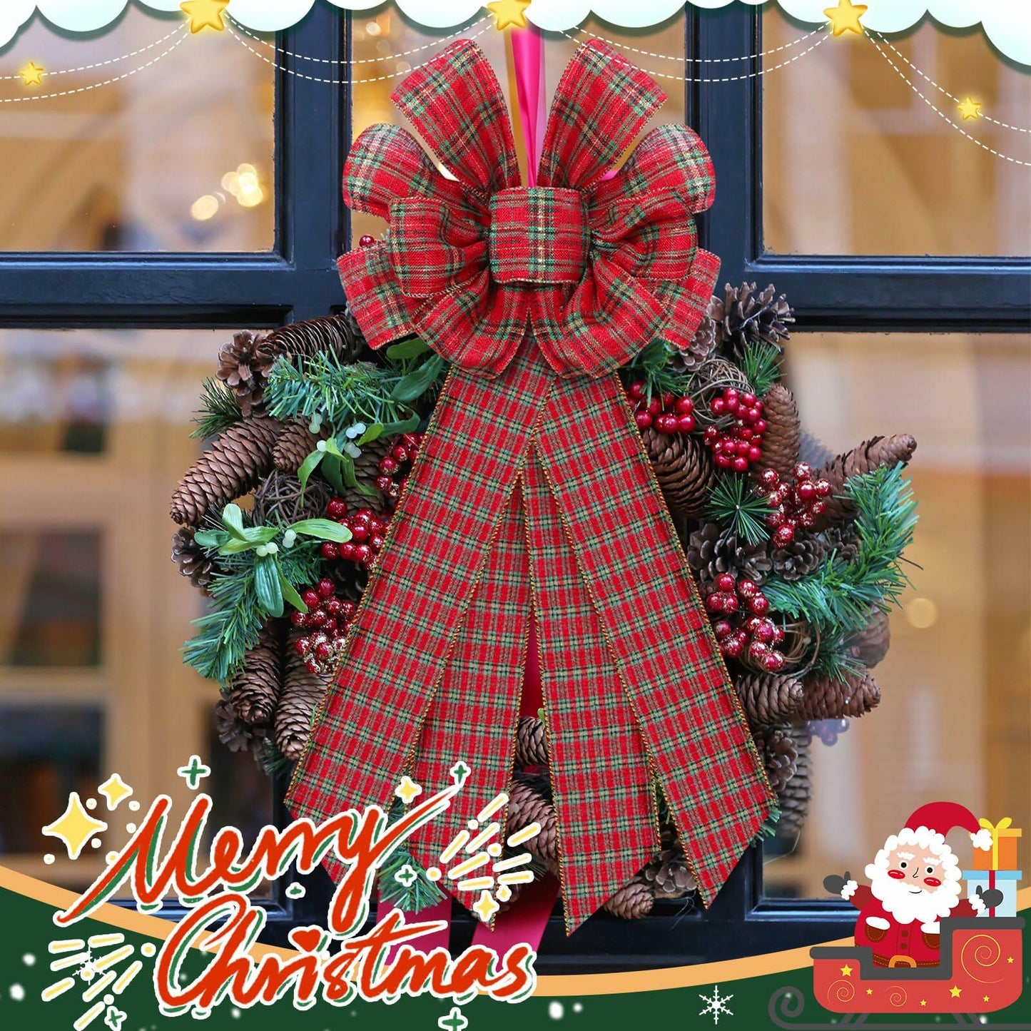 Yinkin 4 Pcs 15x44in Buffalo Plaid Christmas Wreath Bows Red Black
