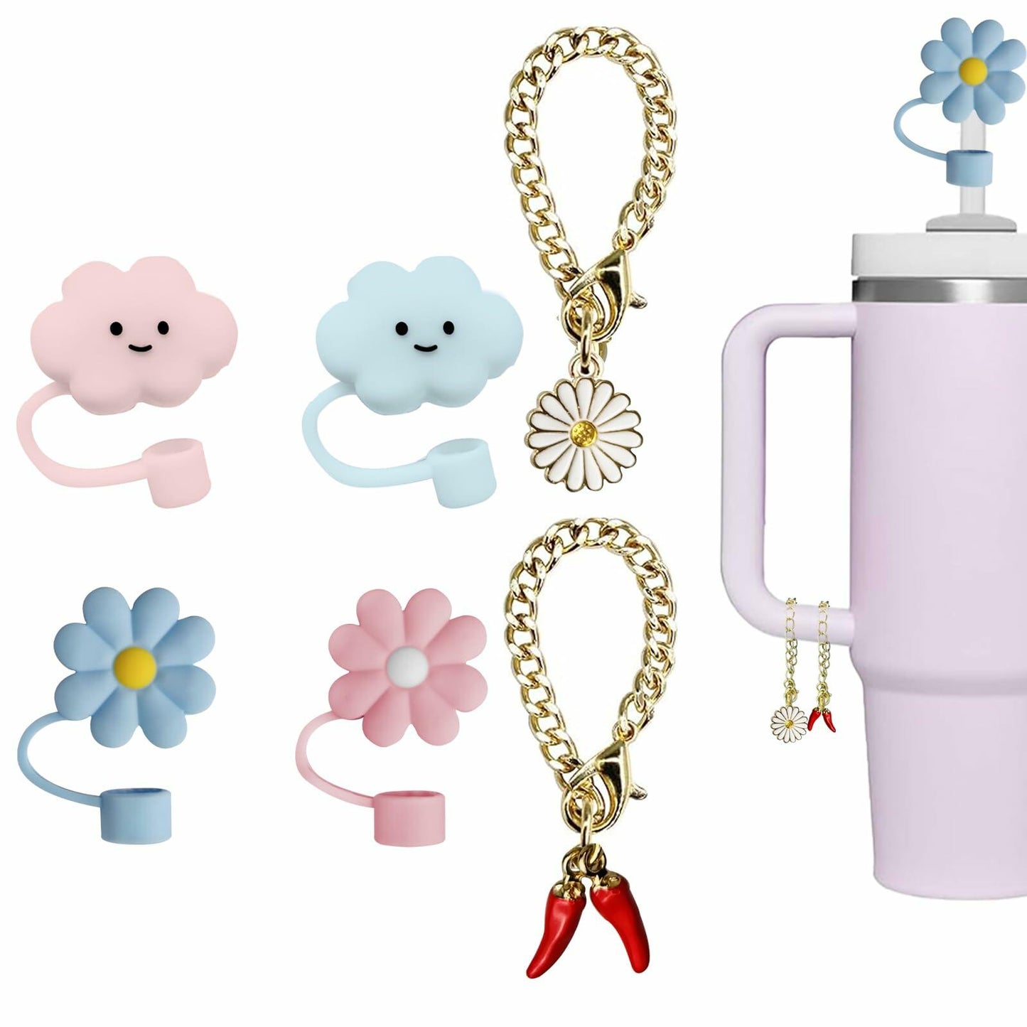 Stanley Straw Cover Caps & Charm Chains for 30oz/40oz Tumbler 6pcs
