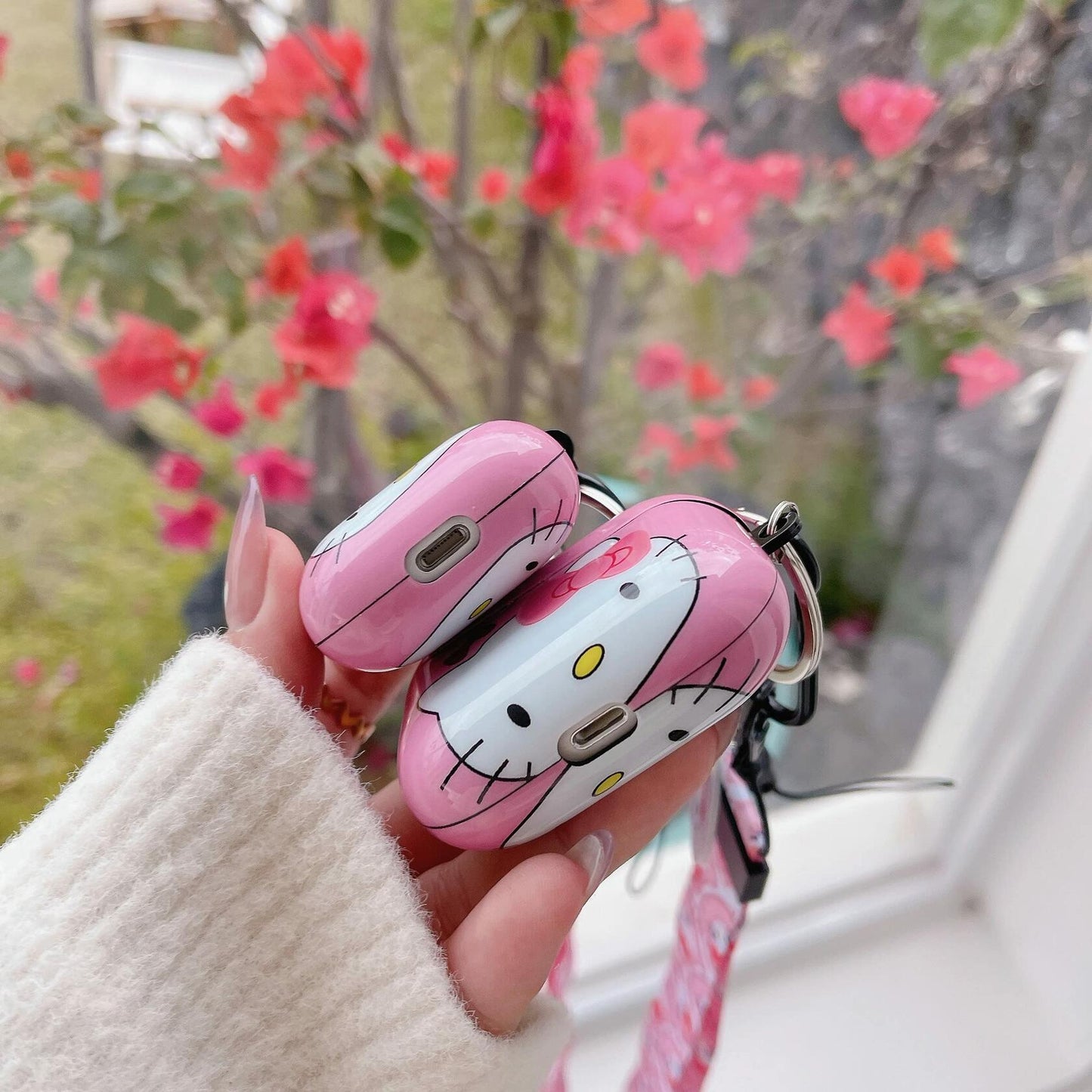 LZHZXM Cute Hello Cartoon Cat TPU Case with Pink Kawaii Lanyard Keychain