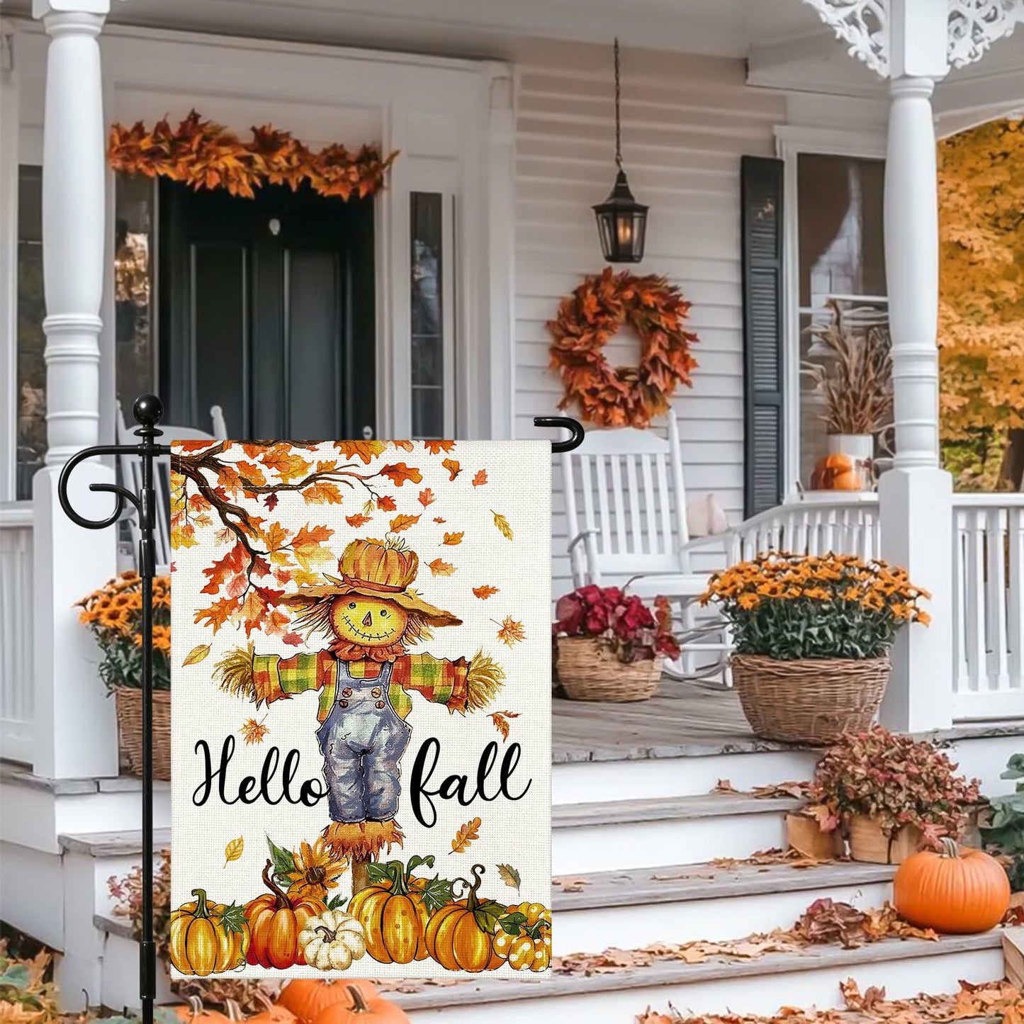 Artscope Fall Maple Leaves Scarecrow Pumpkin Garden Flag 12x18 Inch Polyester