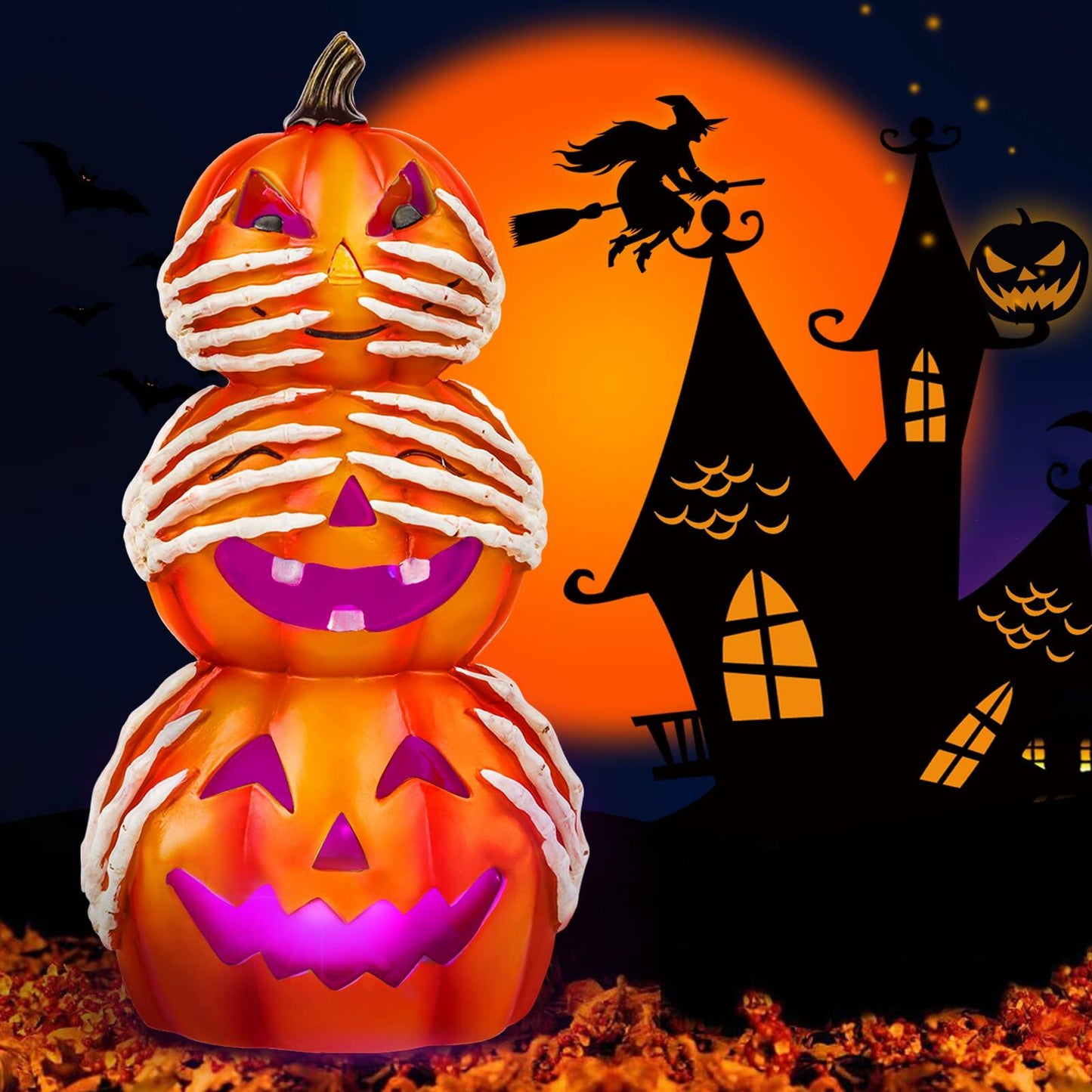 Axcoix Halloween Resin Stacked Pumpkin Decor Light Up Jack O Lantern Orange