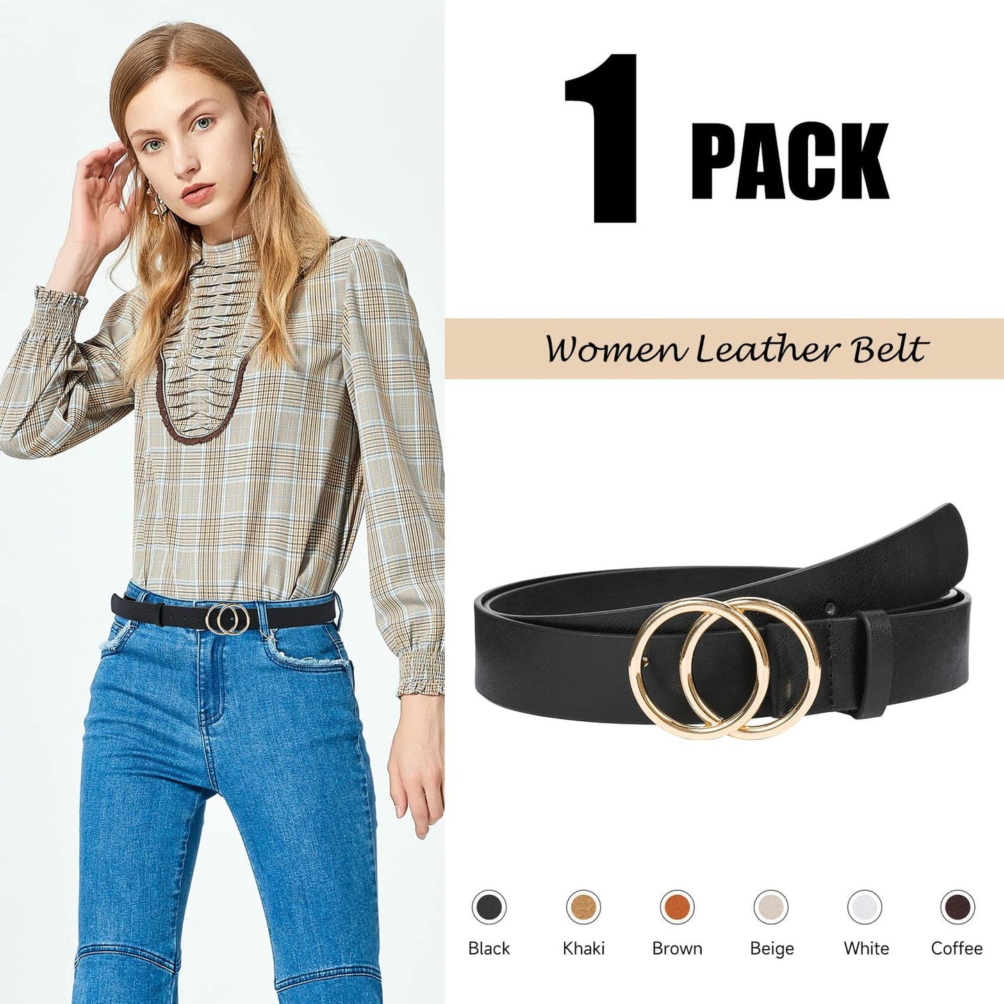 NBLYOS Women Faux Leather Belt Gold Buckle Khaki Size XXL